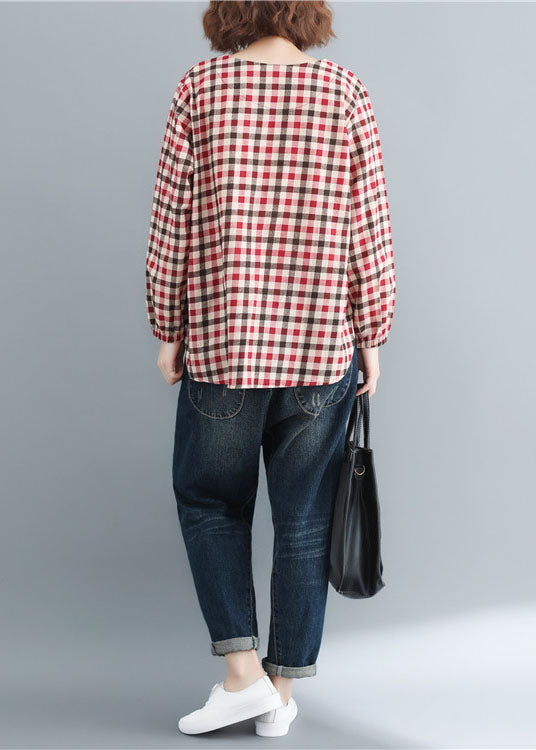 Red O-neck Plaid Cotton Loose Tops Spring