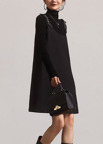 Italian Black O-neck Zircon Patchwork Cotton Mid Dress Sleeveless