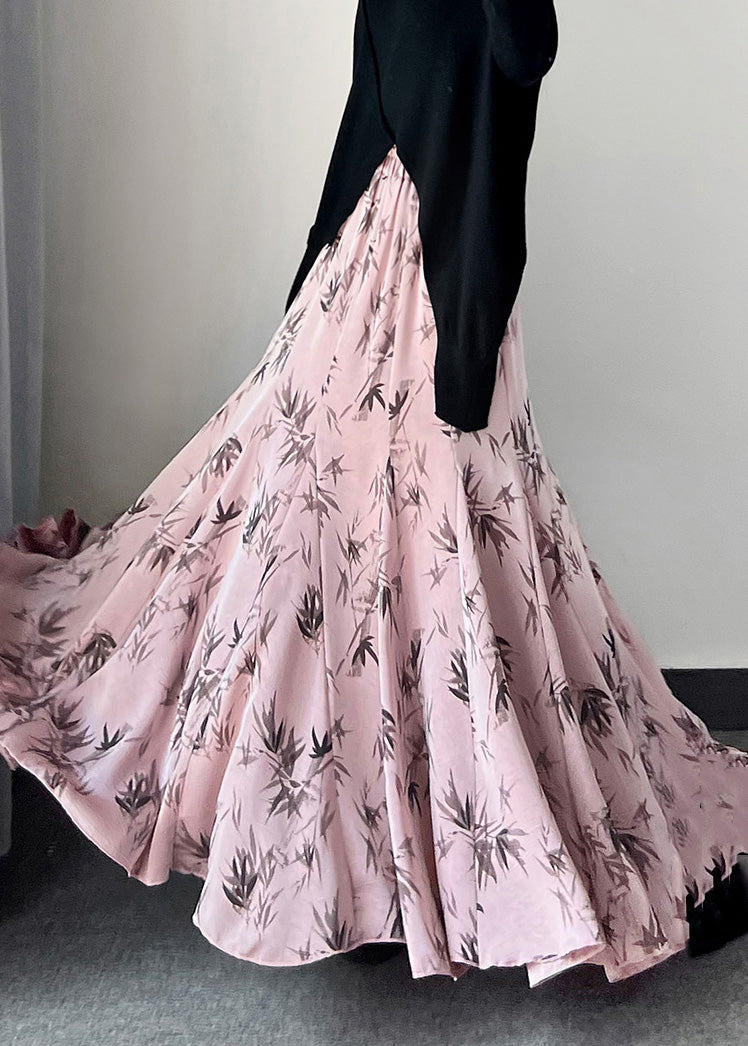 Golden Bamboo Print Exra Large Hem Silk Skirt Spring