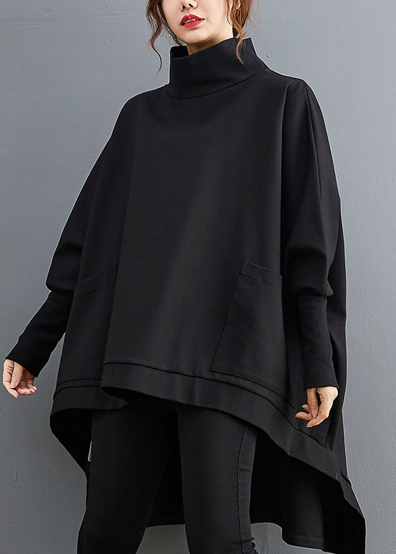 Black Turtleneck Asymmetrical Pockets Low High Design Cotton Pullover Long Sleeve