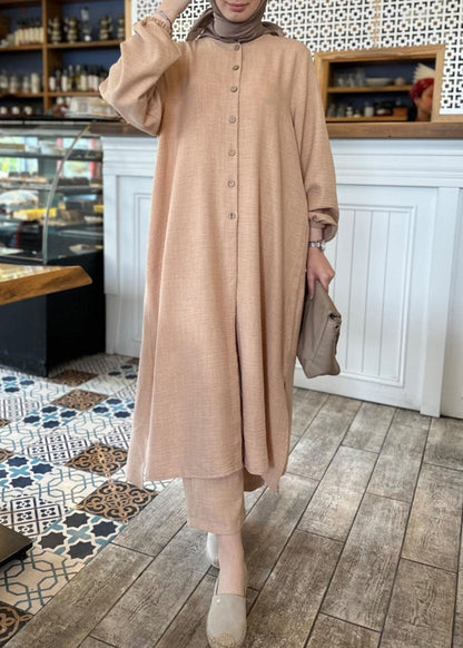 Khaki Button Cotton Two Pieces Set Long Sleeve