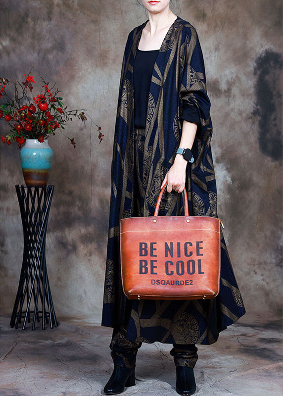 Blue Loose Print Asymmetrical Design Fall Two Pieces Set Long Sleeve