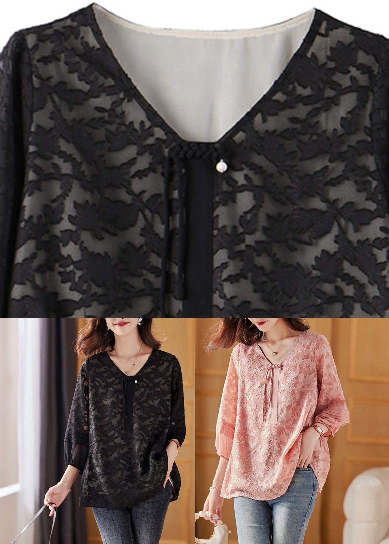 Pink V Neck Chiffon Tops Bracelet Sleeve