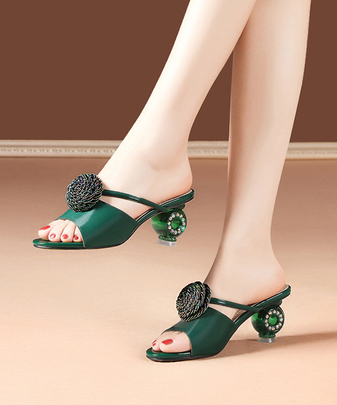 Crystal Chunky Heel Beige Slide Sandals Peep Toe