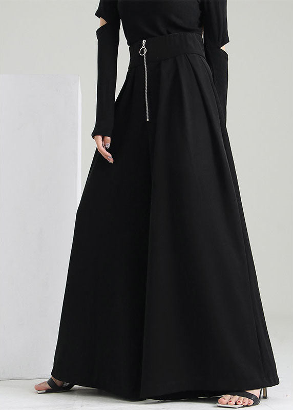 Black Zip Up Pockets Cotton Wide Leg Pants Spring