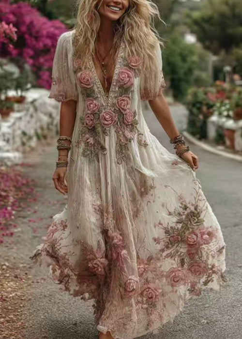 Pink V Neck Print Maxi Dress Summer