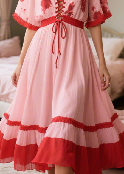 Pink Patchwork Cross Strap Chiffon Holiday Dress Summer