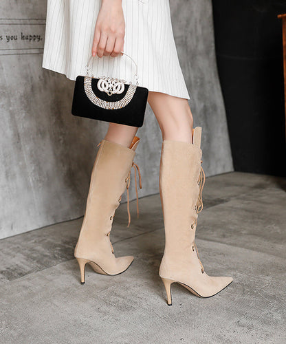 Apricot High Heel Suede Cross Strap Splicing Boots