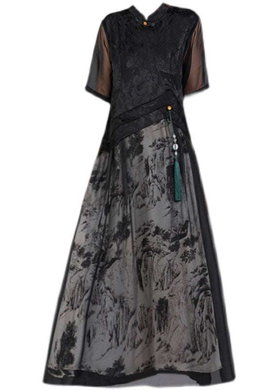 Black Mandarin Collar Print Tulle Patchwork Silk Long Dresses Short Sleeve