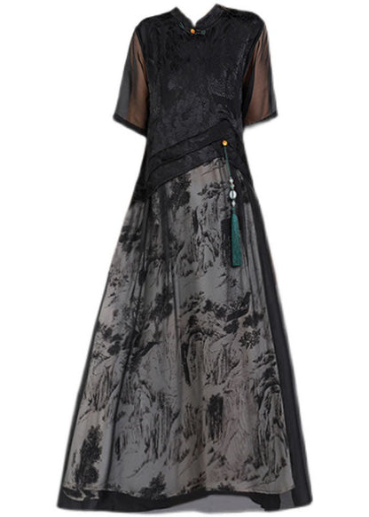 Black Mandarin Collar Print Tulle Patchwork Silk Long Dresses Short Sleeve