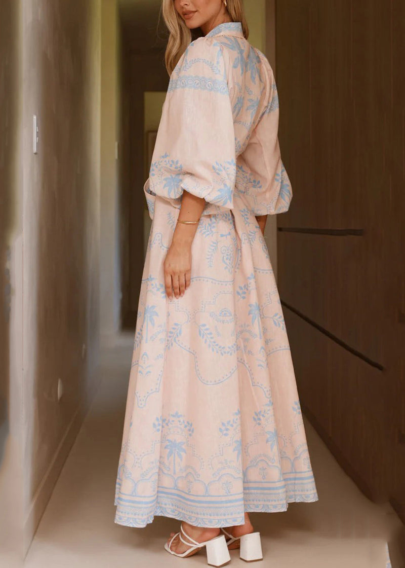 Blue Print Maxi Linen Dresses Lantern Sleeve Fall