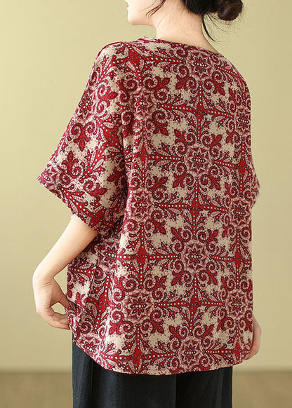 Red O Neck Print Cotton Blouse Top Summer