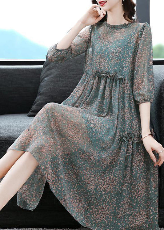 Green Stand Collar Ruffled Print Draping Chiffon Dress Bracelet Sleeve