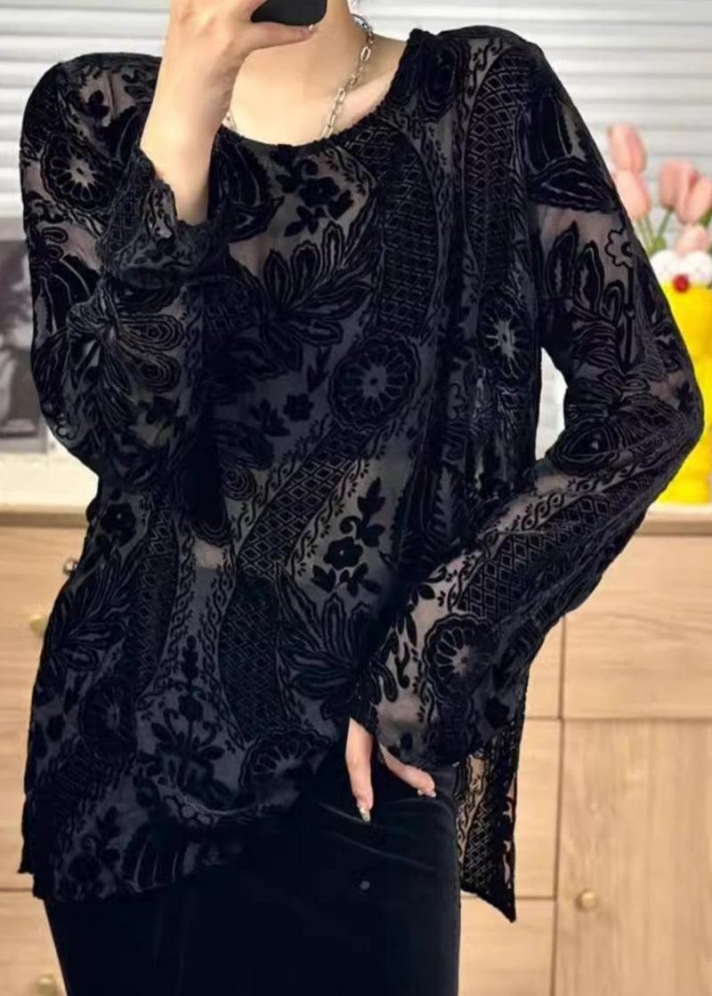 Black O Neck Jacquard Silk Velour Shirt Tops Fall