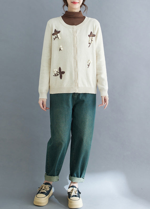 Handmade Beige Embroideried Knit Cardigan Winter
