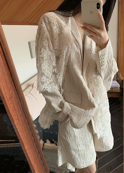 New Beige Peter Pan Collar Coat Cardigans and Shorts Linen Suit Set Spring