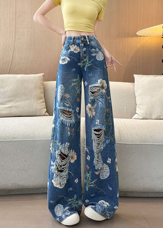 Blue Pockets Print Denim Ripped Pants Fall