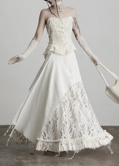 Fitted White Tassel Patchwork Lace Skirts Fall