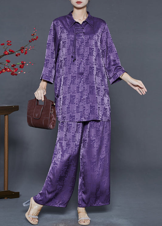 Purple Print Silk Oriental Two-piece Set Tasseled Fall