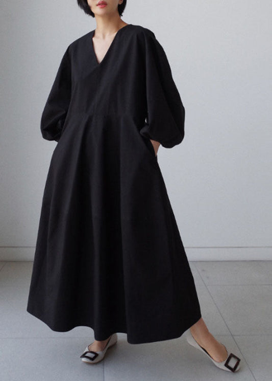 Natural Black V Neck Lantern Sleeve Cotton Party Dress