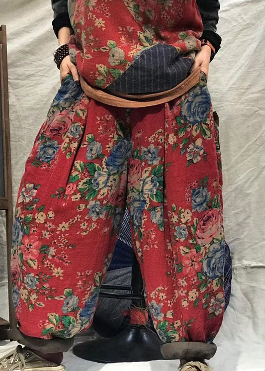 Modern Red Oriental Print Thick Harem Spring Pants