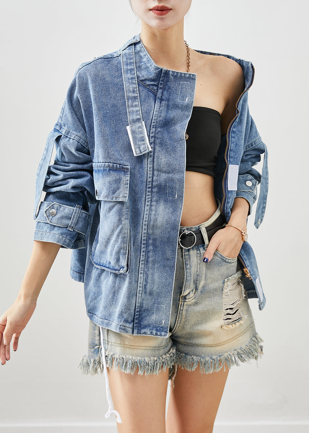 Blue Oversized Pockets Denim Coat Fall