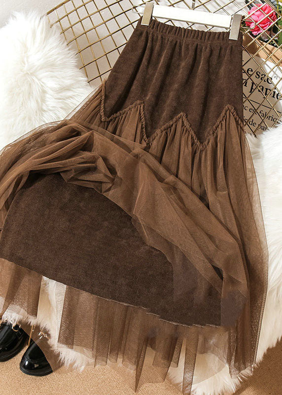 Chocolate High Waist Patchwork Corduroy Wrinkled Tulle Skirt Spring