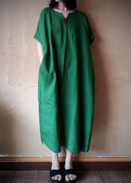 Green V Neck Embroideried Pockets Linen Maxi Dresses Short Sleeve