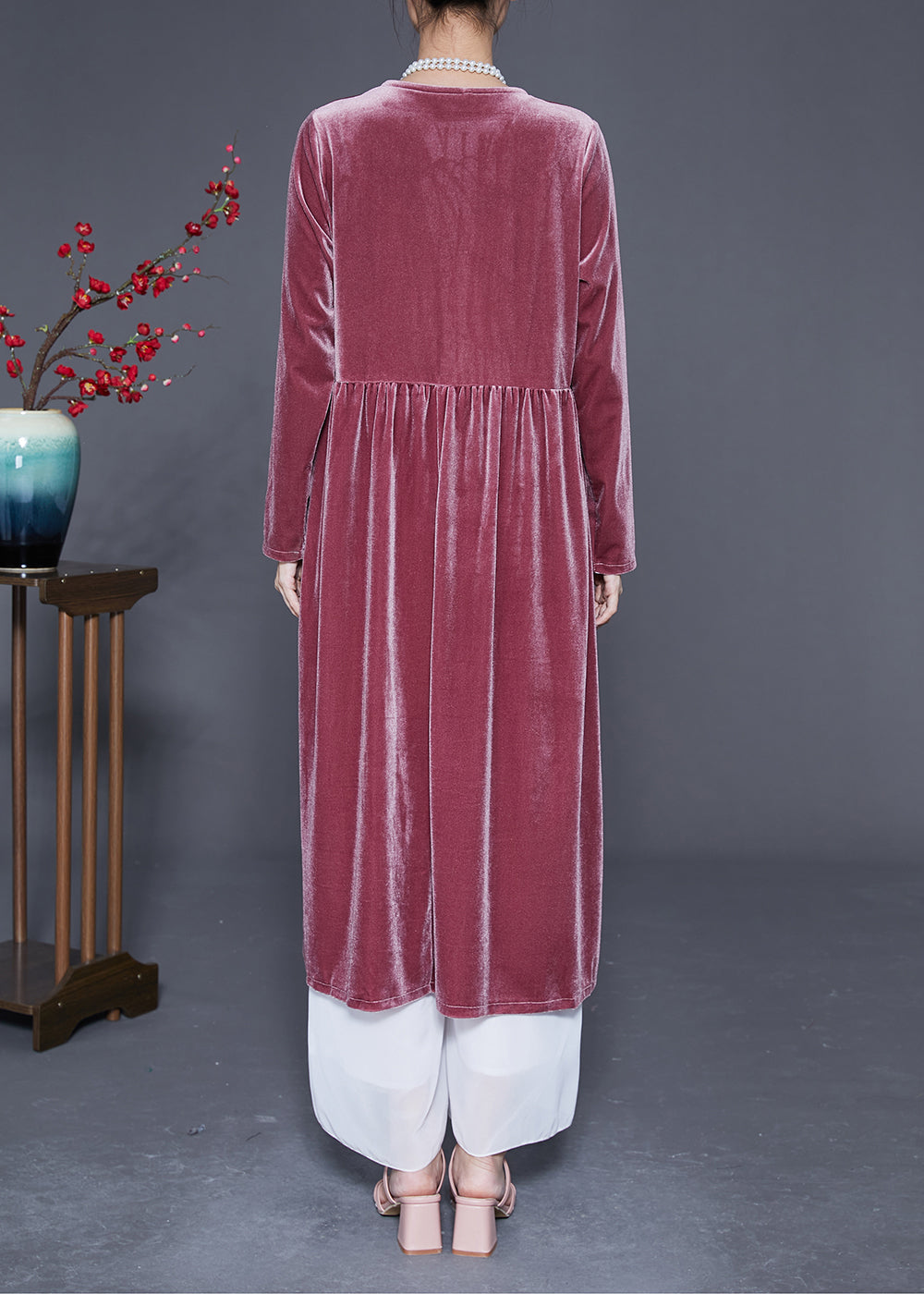 Brick Red V Neck Patchwork Silk Velour Maxi Dresses Spring
