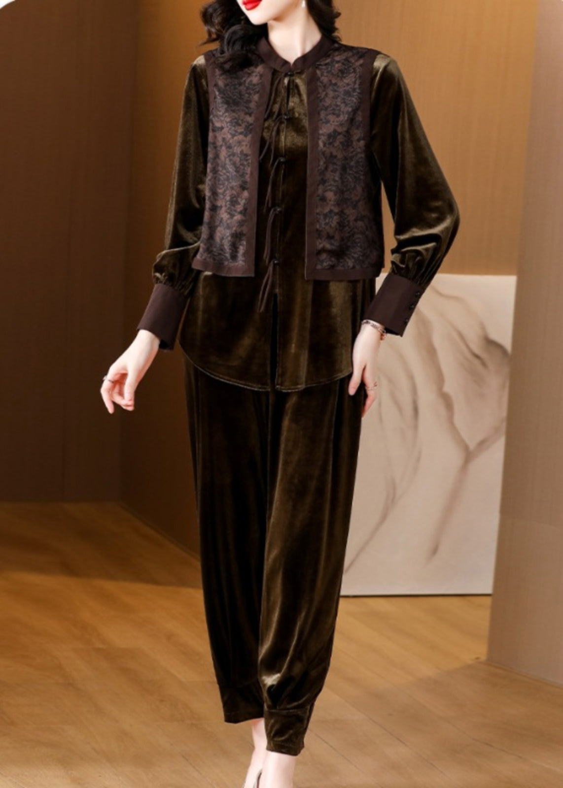 Brown Patchwork Button Silk Velour Top and Harem Pants Two Pieces Set Long Sleeve