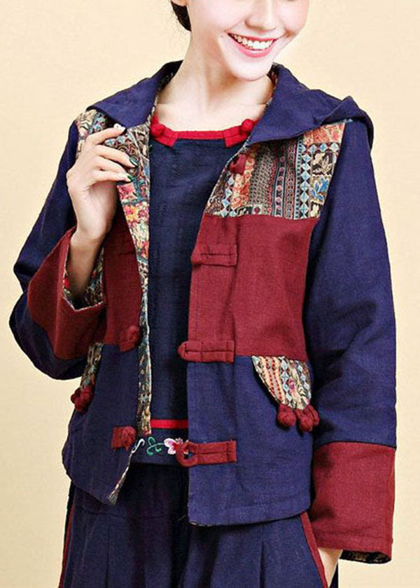 Blue Hooded Patchwork Oriental Button Linen Jacket Fall