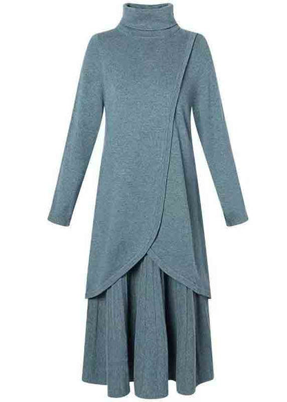 New Blue Turtleneck Tops and Skirts Wool Knit Two-piece Set Winter