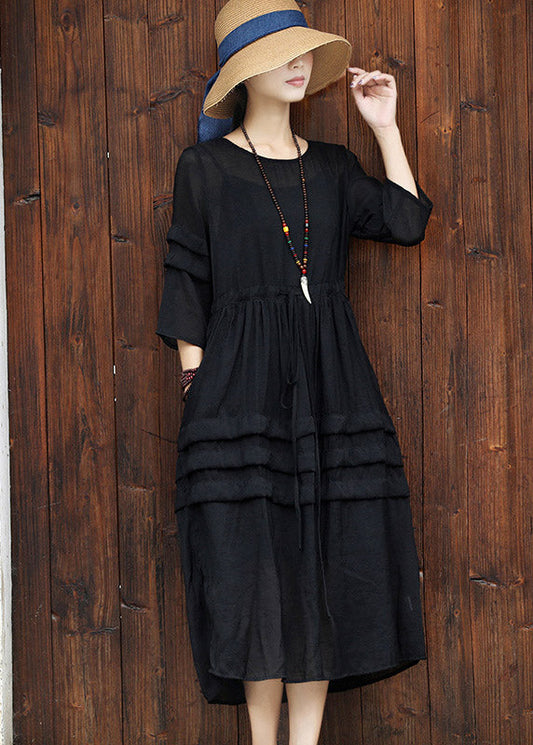 Black O-neck Drawstring Cotton Long Dress Two Pieces Set Summer