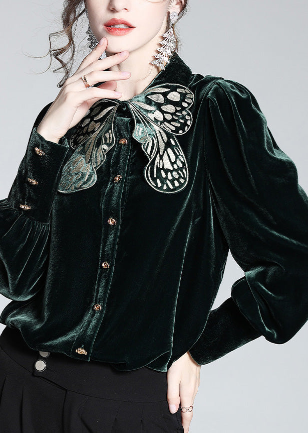 Organic Black Peter Pan Collar Embroideried Butterfly Button Velour Shirts Long Sleeve Fall