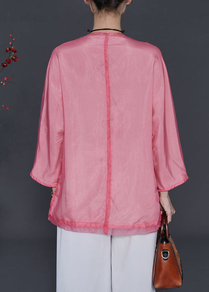 Pink Embroidered Organza Blouses Summer
