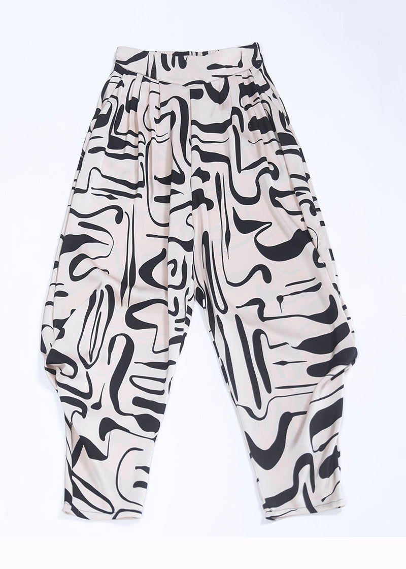 White Pockets Print High Waist Chiffon Pants Summer
