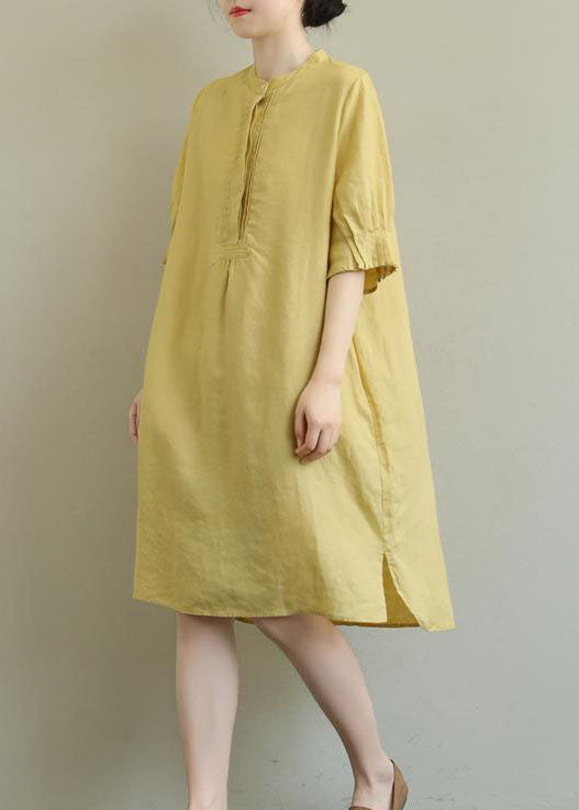 Yellow Side Open Cotton Mid Dress Half Sleeve