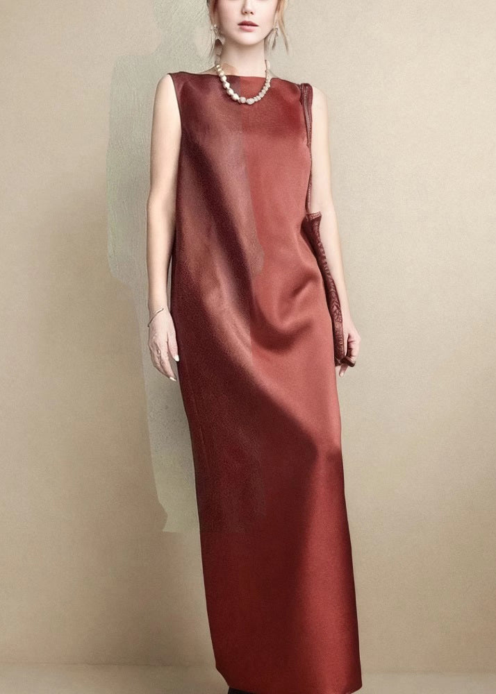 Red Pockets Back Side Open Silk Long Dress Sleeveless Summer