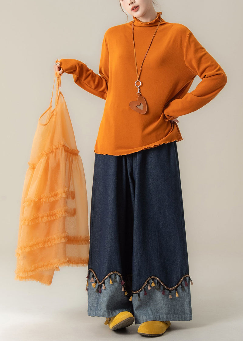French Orange Ruffled Spaghetti Strap Dress Cotton T Shirt and Denim Pants 3 Pieces Set Spring