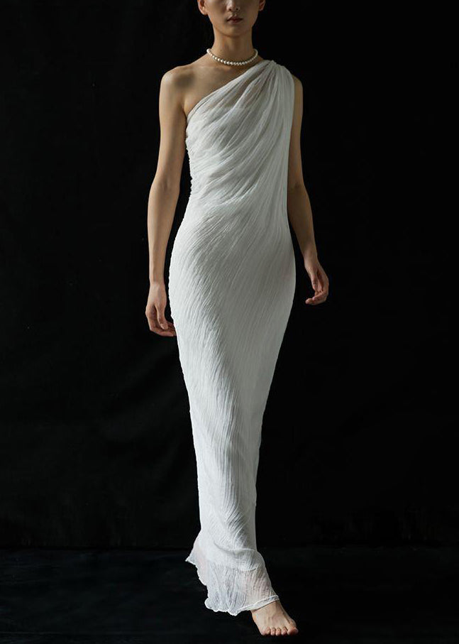 Art White Cold Shoulder Wrinkled Silk Maxi Dress Summer