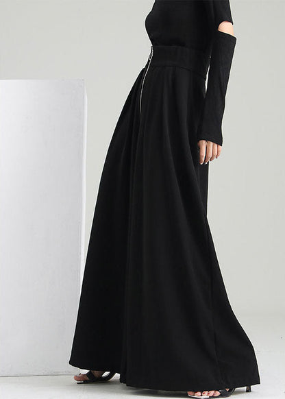 Black Zip Up Pockets Cotton Wide Leg Pants Spring