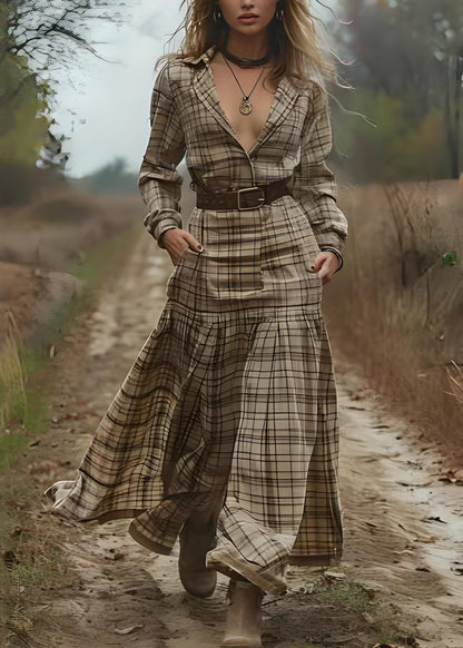 Peter Pan Collar Plaid Patchwork Cotton Long Dress Spring