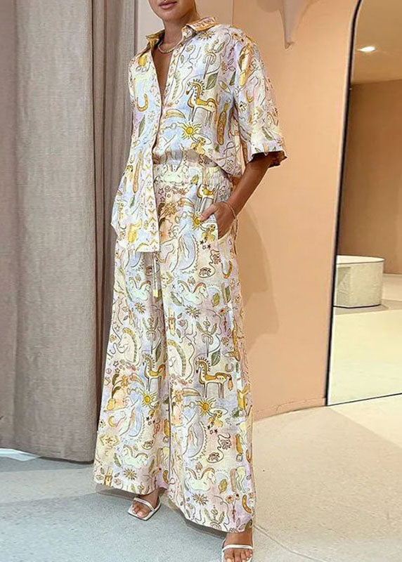 Print Shirts and Wide Leg Pants Two Pieces Set Summer