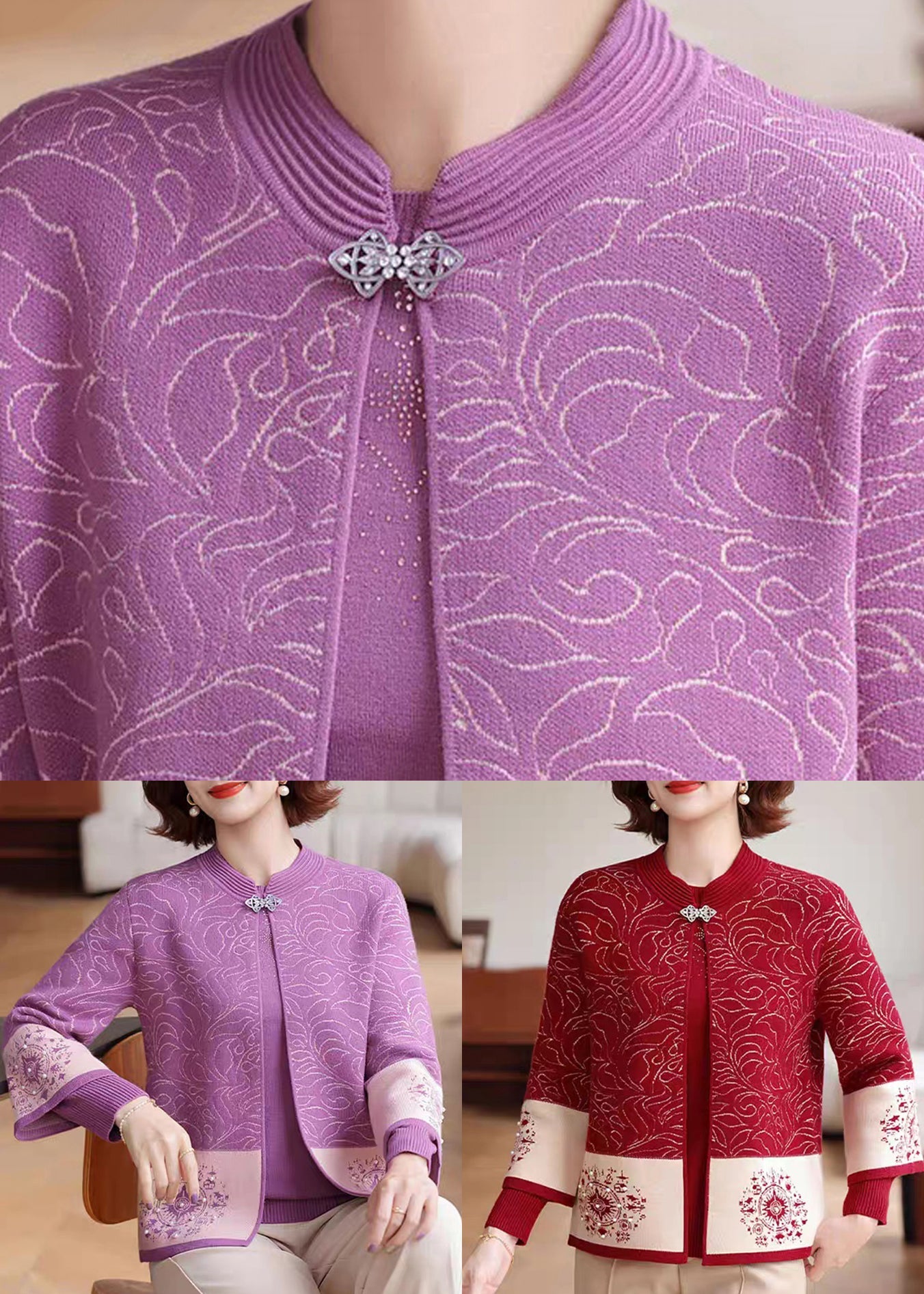Red O-neck Print Knit Coats and Sweaters Two Pieces Set Fall