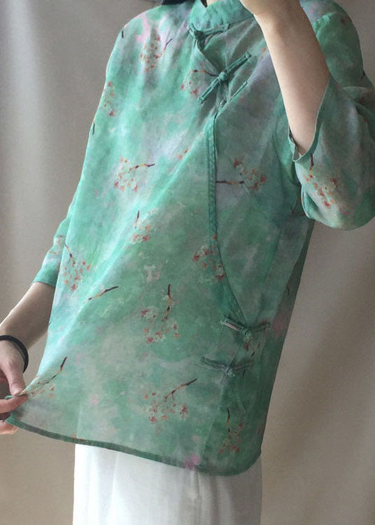 Light Green Button Stand Collar Print Tops Spring