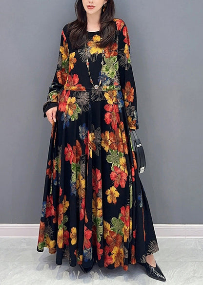Unique O Neck Wrinkled Patchwork Cotton Long Dress Fall