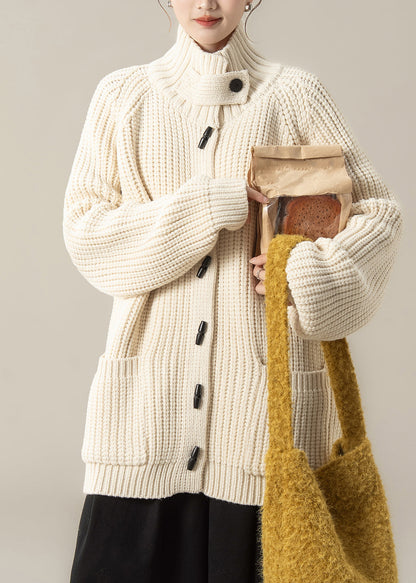 Beige Pockets Cotton Knit Cardigan Long Sleeve