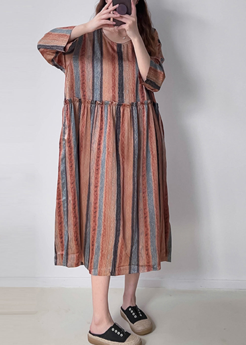 Orange Striped Patchwork Silk Cotto Long Dresses Long Sleeve