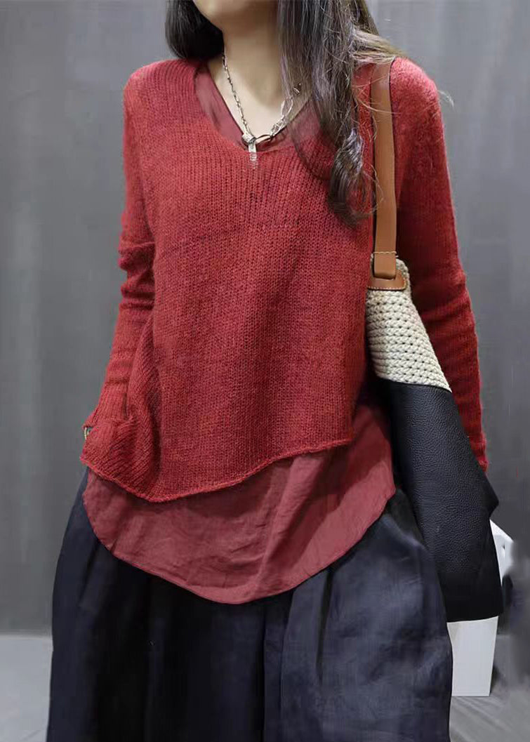 Simple Red Asymmetrical Patchwork Cotton Knit Tops Long Sleeve Fall
