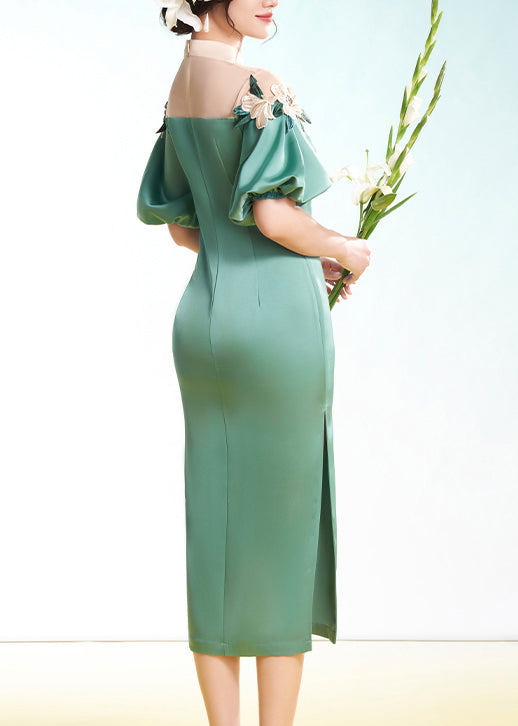 Top Quality Green Embroideried Side Open Silk Dress Puff Sleeve